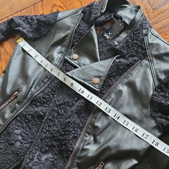 Streetwear Society Black Faux Leather Lace Insert Moto Jacket Small - Picture 12 of 15